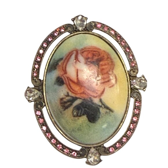 Vintage Gold-Tone Oval Floral Brooch With Hand-Painted Rose & Pink Rhinestones - Picture 1 of 4
